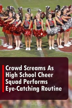 a group of cheerleaders standing on top of a football field with the words crowd streams as high school cheer squad performs eye - catching routine