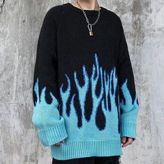 Vintage Blue Flame Sweater Dabi Inspired Outfit, Blue Fall Streetwear Sweater, Blue Oversized Crew Neck Outerwear, Trendy Blue Outerwear With Crew Neck, Oversized Blue Crew Neck Outerwear, Flame Sweater Outfit, Blue Fitted Casual Sweater, Fitted Blue Casual Sweater, Blue Flame Outfit