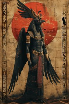 the egyptian god anub is standing in front of a red sun with his wings outstretched