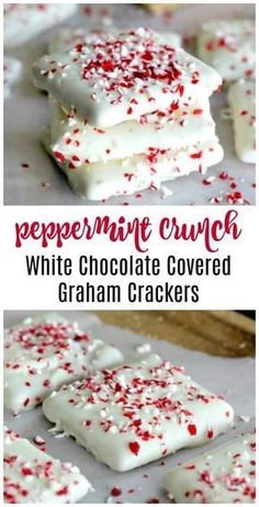 white chocolate covered graham crackers with peppermint crumbs on top and bottom