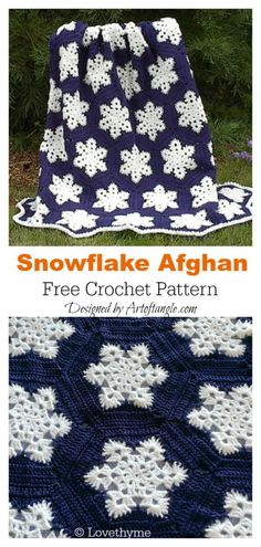 snowflake afghan crochet pattern is shown in two different colors