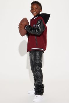 Available In Burgundy. Varsity Jacket with Hood Faux Leather Sleeves Snap Button Down Shell, Lining and Filling: 100% Polyester Side Pockets Mid Weight Model Wears Size 10/12 Imported | Mini Most Popular Varsity Jacket in Burgundy size 6 by Fashion Nova Hooded Varsity Jacket With Double-lined Hood, Varsity Jacket With Double-lined Hood, Hooded Red Cotton Varsity Jacket, University Red Long Sleeve Varsity Outerwear, Fashion Nova Varsity Jacket, Burgundy Fashion, Most Popular, Leather Sleeve, Hooded Jacket