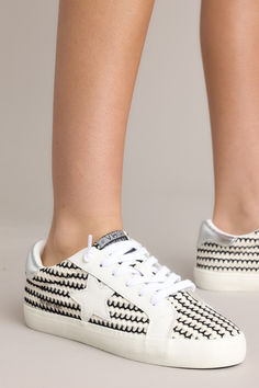 Step up your sneaker game with the Vintage Havana Flair 45 black and white crochet sneakers! These stylish kicks feature a unique crochet design that adds a touch of flair to your outfit. With a comfortable fit and trendy look, these sneakers are perfect for those who want to make a statement. These black and white shoes feature a rounded toe, no-tie laces, replacement laces, star detailing , and a thick sole. Casual Textured Sneakers For Spring, Comfortable Low-top Sneakers With Woven Sole, Comfortable High-top Sneakers With Woven Sole, Black Low-top Sneakers With Woven Sole, Trendy Textile Sneakers With Laces, Casual Black Sneakers With Woven Sole, Black Textured Lace-up Sneakers, Trendy High-top Sneakers With Textured Upper, Low-top Sneakers With Woven Sole