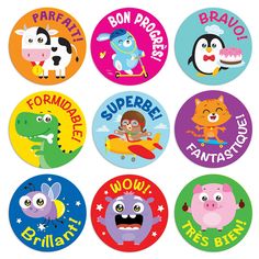 six children's stickers with cartoon animals and words on them, all in different colors