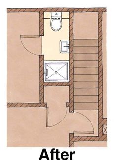 the before and after floor plan for a small bathroom with stairs leading up to the toilet