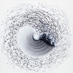 an abstract black and white painting with lots of small fish in the middle of it