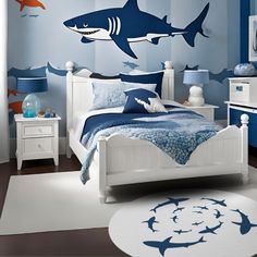 Decorative rugs with fun, bright designs have made a huge comeback. This shark rug is perfect for an ocean theme room. It is round and 100% polyester chenille rug in picture-perfect quality. It features a coated backing and hemmed edges for durability. .: 100% Polyester chenille .: One size: 60" × 60" (152cm × 152cm) .: Thickness: 0.2'' (5mm) .: Hemmed edges .: Durable textured face .: NB! Size tolerance +/-3" (1.3 cm)) ♡ Q&A: Q: How long does it take to receive it? A: The processing time is nor Shark Theme Room, Ocean Bedroom Kids, Shark Rug, Shark Themed Bedroom, Shark Bedroom, Shark Nursery, Shark Room, Ocean Bedroom, Ocean Themed Bedroom