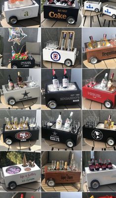 a collage of photos showing different types of coolers and drinks on display in various positions