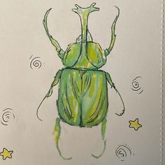 a drawing of a green bug with stars around it