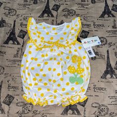 Baby Togs Nwt! White/Yellow Polka Dot Floral Embroidered Jumpsuit Size 6-9 Months Cute Yellow Cotton Bodysuit, Yellow Summer Bodysuit For Playtime, Yellow Bodysuit For Summer Playtime, Yellow Cotton Bodysuit For Playtime, Yellow Cotton Bodysuit For Summer, Cute Yellow Summer Bodysuit, Yellow Casual Bubble Romper For Playtime, Casual Yellow Bubble Romper For Playtime, Yellow Fitted Bodysuit For Playtime