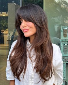 Long Hair with Bangs and Bottom Layers Long Layered Haircuts With Bangs, Trendy Curtain Bangs, Rambut Brunette, Layered Haircuts With Bangs, Layered Hair With Bangs, Hair Adviser, Long Layered Haircuts, Long Brown Hair, Long Hair With Bangs