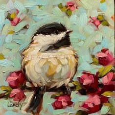 a painting of a bird sitting on a branch with pink flowers in the foreground