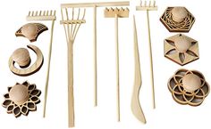 wooden utensils are arranged on a white background