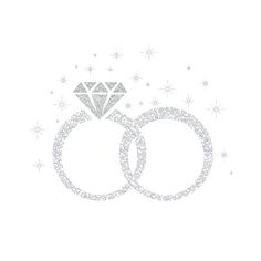 two wedding rings with a diamond in the middle and snowflakes around them on a white background