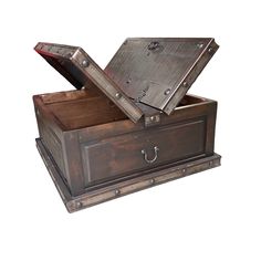 an open wooden chest with metal handles