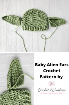 the crochet baby alien ears hat is shown in green and has leaves attached to it