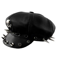 PRICES MAY VARY. Material : Soft Sheepskin Leather color :black Width: Approx. （59-60cm） Cool Punk Rock Skull Spike Cap Biker NewsBoy Flat Cap Mens Women Unisex Mens Newsboy Hat, Skull Hat, Mens Sun Hats, Cap Mens, Punk Rock Fashion, Estilo Punk, News Boy Hat, Newsboy Cap, Flat Cap