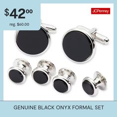 This is the perfect formal set to wear with a tuxedo. The set includes one pair of cuff links and four shirt studs, meant to be used in place of shirt buttons.Genuine black onyxMetal Color: Silver ToneBase Material: 100% BrassCare: Wipe CleanMetal: BrassCountry of Origin: Made in US Classic Black Business Cufflinks, Classic Black Cufflinks For Formal Occasions, Classic Black Formal Cufflinks, Classic Silver Cufflinks For Black Tie Events, Elegant Black Cufflinks For Office, Elegant Black Cufflinks, Elegant Black Office Cufflinks, Cufflink Set, Cuff Links