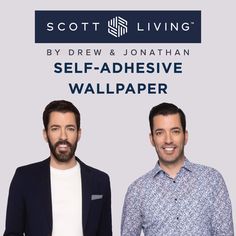 two men standing next to each other with the text scott living by drew and jonathan self - adhesive wallpaper