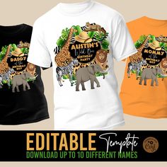 SAFARI Birthday Party t-shirt design Editable Template Printable Jungle animals t-shirt animal print Editable dtf sublimation t-shirt design ..Purchase, edit, and print within minutes! This instant download design is editable directly in your browser or on a *mobile device using Corjl.com. No need to download any software, fonts, or wait for proofs. ..Use your computer/laptop for advanced editing options. ..Get access to your design immediately FREE DEMO: Try before you buy! Copy and paste this Homemade Shirts, Jungle Animals Party, Baby Shower Shirts, Jungle Theme Birthday, Safari Birthday Party, Safari Jungle, Safari Print, Safari Birthday, Birthday Design