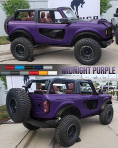 two pictures of a purple jeep with the words midnight purple on it's side