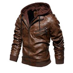 Brown Hooded Jacket For Fall With Zipper Closure, Brown Hooded Jacket For Fall With Zipper, Winter Leather Jacket With Padded Collar For Outdoor Wear, Winter Outdoor Leather Jacket With Padded Collar, Fall Outdoor Leather Jacket With Zipper Closure, Fall Outdoor Leather Jacket With Zipper, Hooded Leather Jacket For Outdoor Fall, Brown Leather Jacket With Double-lined Hood For Fall, Biker Style Outerwear With Double-lined Hood For Fall