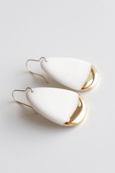 White Porcelain Drop Earrings With Gold Detail, Dangle Drop Earrings, Handmade Ceramic Earrings, Gold Dipped Earrings, Wedding Jewelry - Etsy Porcelain Earrings, Ceramic Earrings, Ceramic Earring, Earrings Wedding, Gold Dipped, Ceramic Jewelry, Keep Jewelry, Earrings Photo, Gold Details