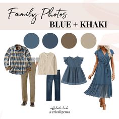 family photos blue and khaki are featured in this image with the words, family pictures