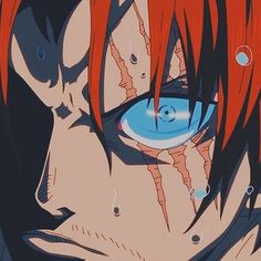 an anime character with red hair and blue eyes stares at something in the distance behind him