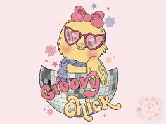 a cartoon chicken with sunglasses on its head and the words grooy chick above it