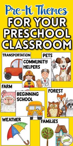 a yellow poster with pictures of animals and words on it that says pre - it - theres for your preschool classroom