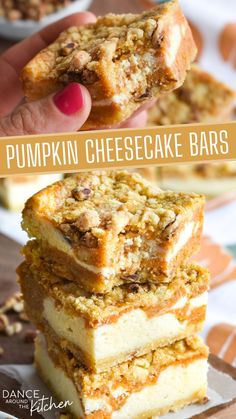 pumpkin cheesecake bars Pumpkin Cheesecake Bars, Fall Baking Recipes, Dessert Bar Recipe, Cheesecake Filling, Fall Dessert Recipes, Fall Dessert, Thanksgiving Desserts, Delicious Pumpkin