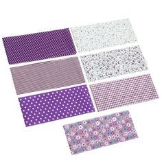 six different patterns and designs on purple paper with white polka dot dots in the middle