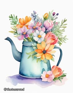 watercolor painting of flowers in a watering can