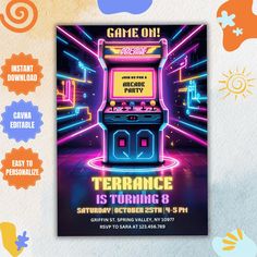 a flyer for an arcade party with neon lights and games on the front, including a juke machine