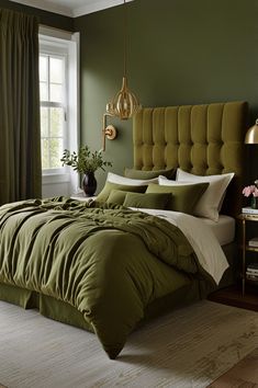 a bed with green sheets and pillows in a bedroom