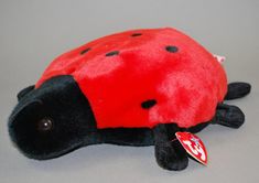 a ladybug stuffed animal laying on top of a gray surface with a tag