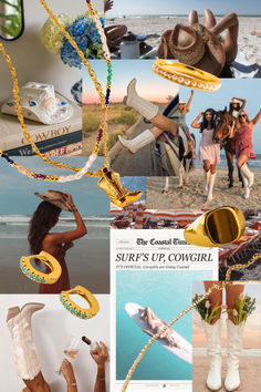 Get ready for summer with our coastal cowgirl aesthetic mood board! Inspired by tones from the beach with pearls and beaded pieces featured! Western style is alive and well with our Cowboy Boot Necklace. The detailed engraved cowboy boot pendant hangs delicately on a minimalist twisted chain, easy to layer with other necklaces in your collection. From a music festival to a bachelorette party, this unique necklace is perfect to accompany you on all your adventures. Cowgirl Collage, Cowboy Boot Necklace, Aquamarine Stacking Ring, Coastal Cowgirl Aesthetic, Ivy Flower, Twisted Chain, Cowgirl Aesthetic, Green Beaded Necklace, Blue Beaded Bracelets