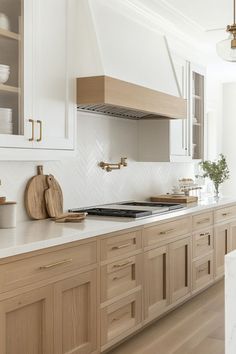 a kitchen with wooden cabinets and white counter tops