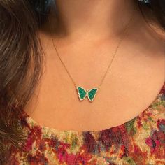 New! The most beautiful and delicate butterfly necklace is now available with lab-created malachite and set in 925 sterling silver. The butterfly wings are surrounded with pave crystal for an added sparkle. Butterflies represent hope, rebirth, and transformation. Pair this necklace with our crystal chokers or your favorite gold chain for a fun layered look. <3  Lab-created malachite set in gold-plated 925 sterling silver  10% of proceeds support survivors of power-inequality trauma through our n Luxury Malachite Necklaces For Gifts, Green Butterfly Charm Necklace, Elegant Turquoise Butterfly Jewelry, Elegant Green Butterfly Necklace, Green Jewelry With Butterfly Charm For Gift, Green Butterfly Jewelry For Gifts, Green Butterfly Jewelry For Gift, Elegant Green Butterfly Necklace As Gift, Elegant Green Butterfly Necklace For Gift