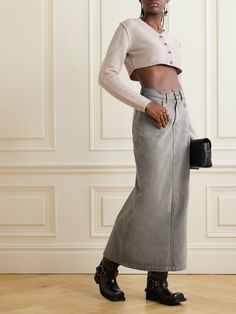 Acne Studios' maxi skirt is made from faded gray denim in a minimal design with a straight shape and four pockets. It sits high on the waist and falls to a split hem that allows you to move with ease. Wear yours with moto boots or ballet flats. Jean Trench Coat, Grey Maxi, Denim Maxi, Sport Swimwear, Luxury Women Fashion, Cardigan Shirt, Denim Maxi Skirt, Grey Denim, Knitwear Tops