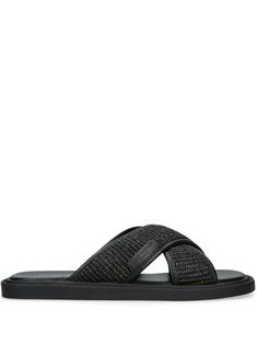 black raffia crossover strap at the toe embossed logo to the side square open toe branded leather insole flat rubber sole slip-on style Raffia Sandals, Aviator Watch, Balenciaga Track, Balenciaga Triple S, Fine Watches, Custom Watch, Summer Beach Wear, Slides Shoes, Kurt Geiger