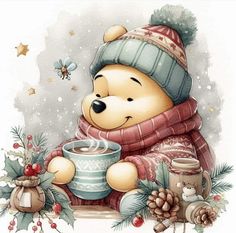 a painting of a teddy bear holding a cup of coffee