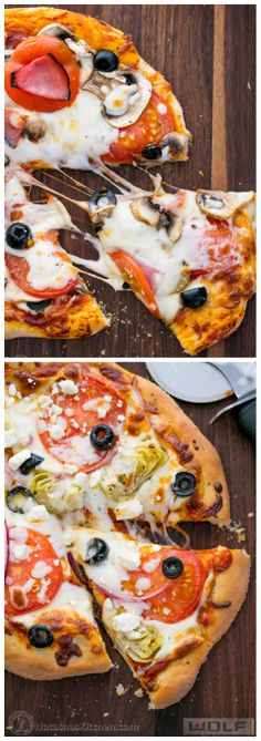 two pictures of different types of pizza with cheese and olives on them, one has been cut into slices