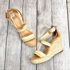 Tan And Cream Sandal Wedges With Woven Straps By Dolce By Mojo Moxy. New Without Box. Closure: Buckle Material: All Man Made Materials Measurements Heel Height: 4.25” Platform Height: 1.25” Sandal Wedges, Cream Sandals, Womens Shoes Wedges, Cork Wedge, Wedge Shoes, Wedge Sandals, Shoes Women Heels, Heel Height, Shoes Heels