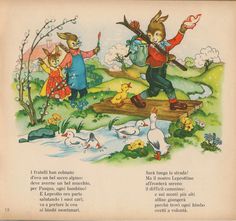 an old children's book with illustrations of rabbits and other animals in the background