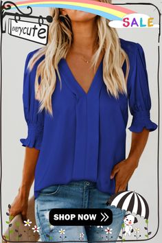 Blue Solid Color Half Sleeve V Neck Blouse Blue Solid Color, Blue Solid, V Neck Blouse, Women Tops, Half Sleeve, Half Sleeves, Shirt Blouses, Blouses For Women, Top Blouse