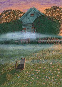 a drawing of a cat sitting in the grass next to a birdhouse and fire hydrant