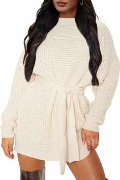 ZESICA Women's Long Sleeve Solid Color Waffle Knitted Tie Wasit Tunic Pullover Sweater Dress,Beige,Small at Amazon Women’s Clothing store Fall Sweater Dress, Baggy Sweaters, Waffle Knit Sweater, Knit Tie, Oversized Knitted Sweaters, Long Pullover, Long Sleeve Sweater Dress, Mini Sweater Dress, Knit Sweater Dress