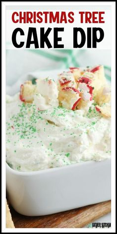 christmas tree cake dip in a white dish with green sprinkles on top